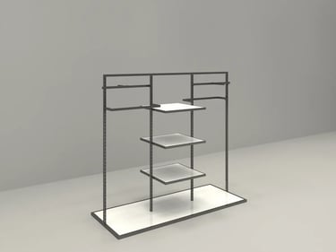 Modern minimalist retail display rack with metal frame, adjustable shelving, and garment hanging rails.