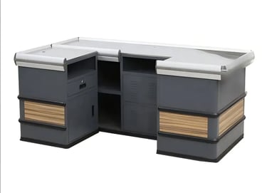 Gray metal supermarket checkout counter with wooden accents and storage drawers for retail stores.