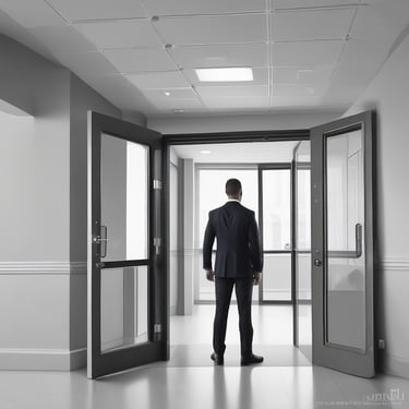 Professional security guard attentively monitoring corporate entryway.