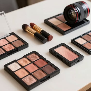 A set of professional makeup palettes with vibrant colors laid out on a soft off-white table.