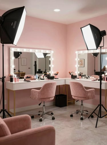 An elegant interior view of a makeup academy in Queens, featuring soft rose pink accents and professional lighting stations.