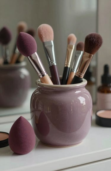 Various professional makeup sponges and tools in a muted plum ceramic jar on a clean vanity.
