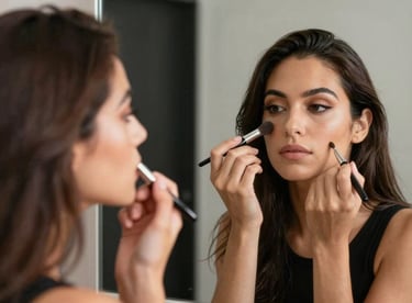 A woman admiring her professional makeup in a mirror, showing sophisticated and clean artistry in a North American / NYC Hispanic setting.