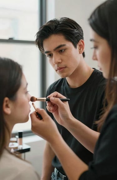 A professional makeup artist applying foundation to a client in a bright North American / NYC Hispanic studio setting, with soft morning light.