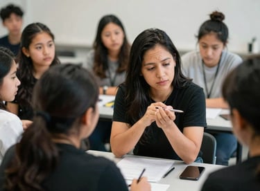 An instructor demonstrating a contouring technique to a group of attentive students in a North American / NYC Hispanic classroom.