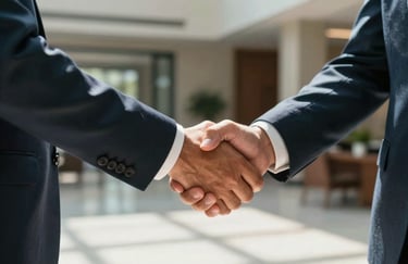 A close-up of two professionals shaking hands warmly in a sunlit, upscale corporate lobby, reflecting trust and human connection in North American / Mexican culture.