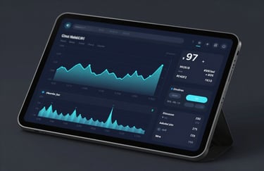A digital interface on a high-end tablet showing dynamic energy consumption charts and property data. High-precision feel, sophisticated and technical, using #94B1B1 and #E9F0F0.