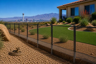 Rattlesnake near a Las Vegas home with professional snake fencing and below-ground barrier protection.