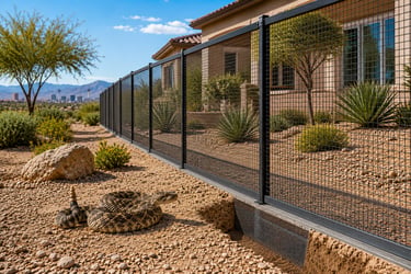 Professional snake fencing protecting a desert home from rattlesnakes in Southern Nevada.