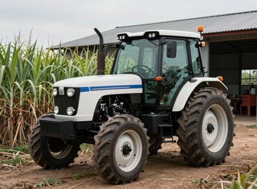 A vintage tractor parked near a processing shed on the farm, depicting the blend of tradition and efficiency in sugar cane cultivation.