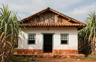 A traditional Brazilian farm building with rustic wooden details and terracotta tiles, surrounded by tall sugar cane plants.