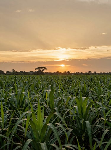 A sunset view over the cane fields, where the sky is painted in soft amber tones and the foliage appears in deep forest green silhouettes.