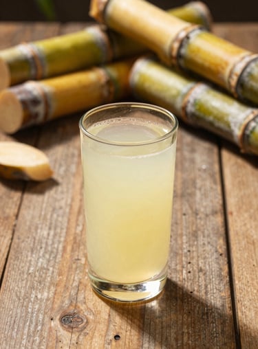 A refreshing glass of sugar cane juice on a weathered wooden table, with pieces of raw cane in the background, warm afternoon light.