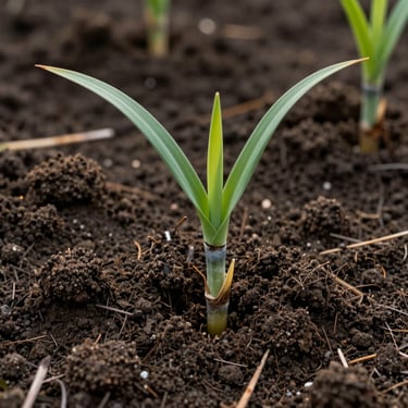 Macro photography of young sugar cane sprouts emerging from dark, rich soil, symbolizing sustainable growth and tradition.