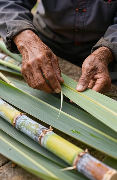 The hands of a worker wearing traditional gear, inspecting the quality of a mature sugar cane leaf, highlighting professional dedication.