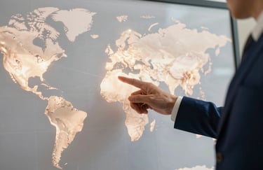 A close-up of a professional in a sharp navy suit pointing at a strategic location on a large, illuminated world map. Soft focus, elegant lighting, emphasizing global connectivity and expert consultancy.