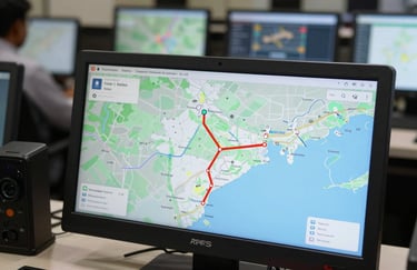 Close-up of a high-tech GPS tracking interface showing a map of India with a transport route highlighted, set against the background of a professional South Asian / Indian control room.