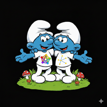 2 Schlümpfe mit Tshirts. Einer trägt ein TShirt mit Fediverse Grafik. Der andere ein Eurosky Symbol.