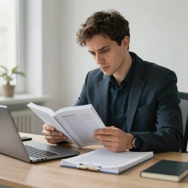 A professional person studying German with textbooks and a laptop in a bright Iberian office, focused and determined mood.