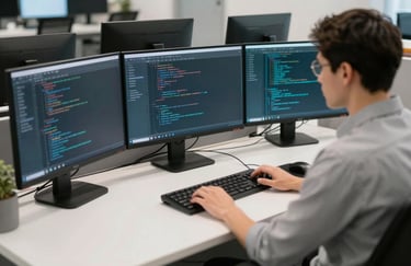 A focused workstation of a software developer in a Global Business tech firm, featuring clean monitors with code in a cool white and muted teal workspace.