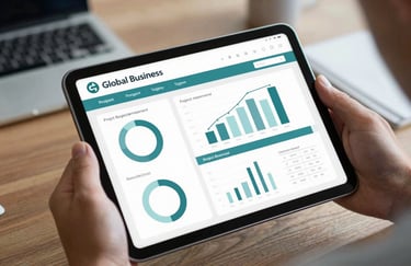 Close-up of a tablet displaying a sleek project management interface with charts in muted teal, held by a executive in a Global Business office.