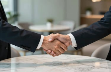 A professional handshake between two business partners over a marble table in a high-end corporate lounge. The background is softly blurred with tones of dusty sage and soft mist.