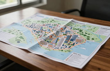 A close-up photograph of a professional physical development map of a Malaysian city district laying on a polished wooden desk, illuminated by natural light from a nearby window.