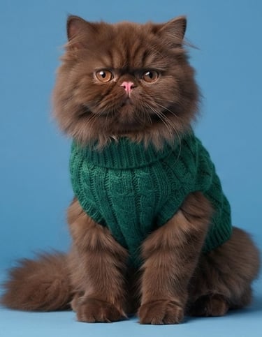gato persa esponjoso de color marrón chocolate, con un suéter verde, sobre un fondo azul