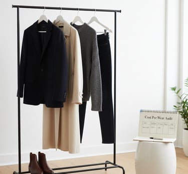 Clothing rack with blazer, a wool coat, leather boots.