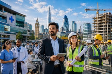 "Skilled workers in a modern European city with hospitals and construction sites."
