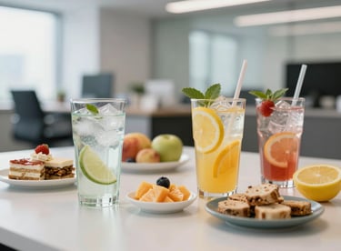 A refreshing spread of fruit-infused waters and healthy gourmet snacks in a corporate breakroom setting.