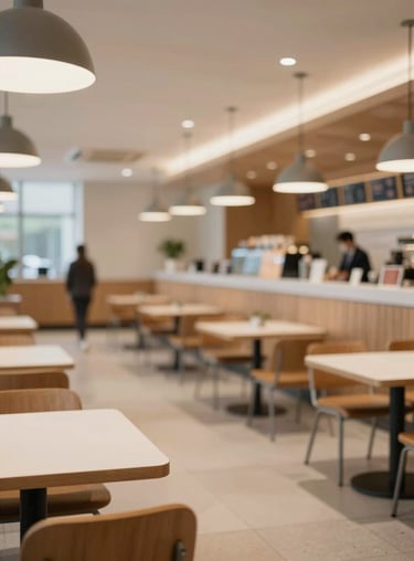 A wide shot of a clean and organized corporate cafeteria designed with modern aesthetics and warm lighting.