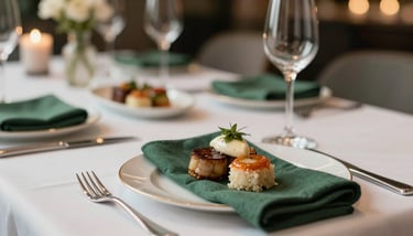 A detailed view of a premium buffet line with elegant serving dishes and labels, using the brand's sophisticated color palette.