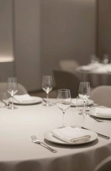 A sleek, modern private dining hall setup with minimalist table settings, featuring brand colors like #AEC1B0 and #F5F5F0.