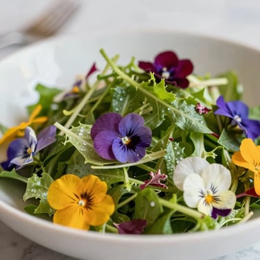 Close-up of a gourmet salad with fresh, vibrant greens and edible flowers, reflecting culinary excellence and sophistication.