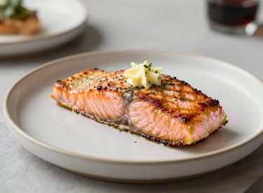 A plate of perfectly seared salmon with herb butter, presented on high-end ceramic dishware in a professional setting.