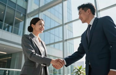 Two professionals in professional attire shaking hands in a bright, glass-walled North American / US corporate lobby with sky blue accents.