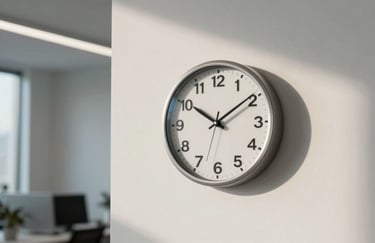 A minimalist photograph of a silver analog wall clock in a bright, modern North American / US office space, with soft off-white walls and sky blue shadows.