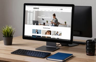 A designer's clean workstation with a large monitor showing a sleek website design, a steel blue notebook, and soft lighting.
