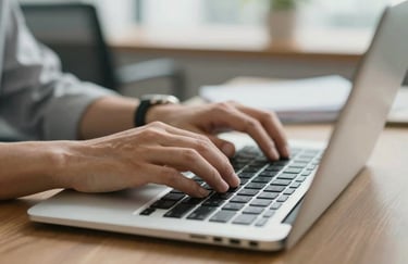 Close up of hands typing on a premium, slim silver laptop keyboard. The focus is sharp on the keys, with a warm, blurred office background. Professional and busy yet calm mood. Colors: #B8A1A1 and #2D2424.