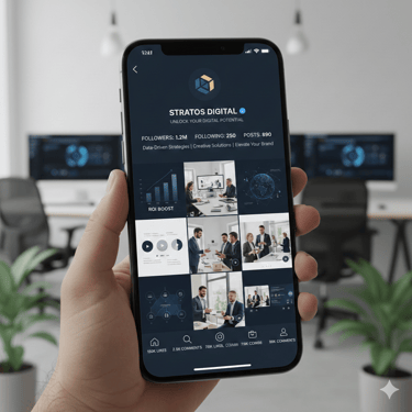 Hand holding a smartphone displaying a digital marketing agency's social media profile with data analytics posts.