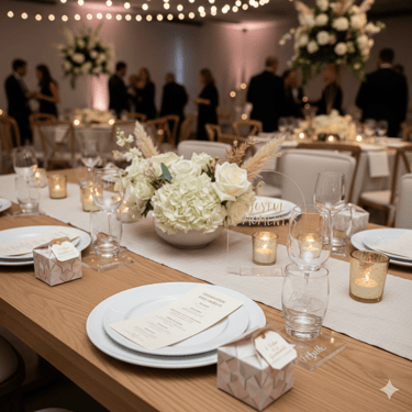 Elegant wedding reception table with white floral centerpieces, candles, and luxury place settings.