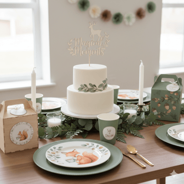Woodland themed party table with a white cake, deer topper, and forest animal plates featuring foxes and squirrels.