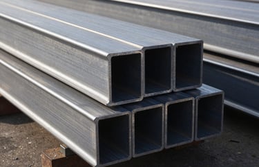 A detailed photograph of stainless steel H-beams arranged for loading at a shipyard, sharp focus on the metallic grain, Global / Industrial B2B, morning light, grey and dark blue tones.