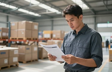 An industrial manager in professional gear reviewing inventory logs in a modern, organized steel warehouse, bright natural lighting, Global / Industrial B2B environment, focus on reliability.