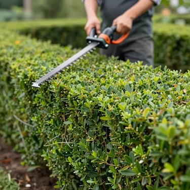 A gardener uses an electric hedge trimmer to prune and shape a green backyard bush for landscaping.