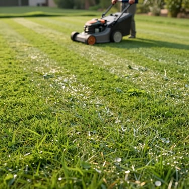 A person using a lawn mower to create stripes on a lush green backyard grass lawn.