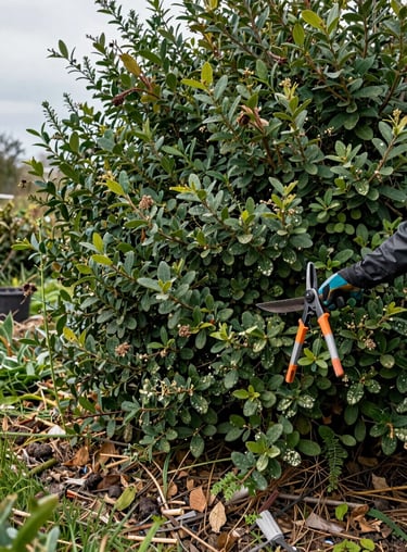 A person using orange garden shears to prune a lush green shrub in a backyard garden.
