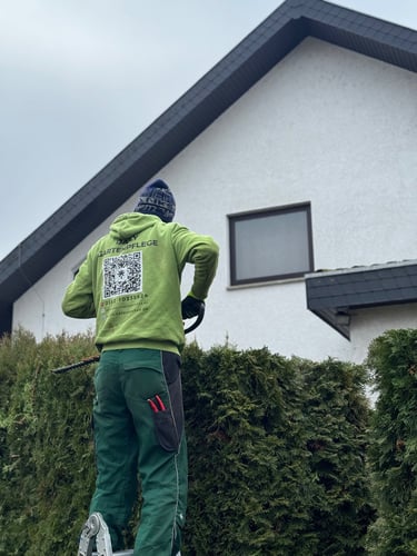Professional gardener trimming a tall privacy hedge with a power tool outside a residential home.