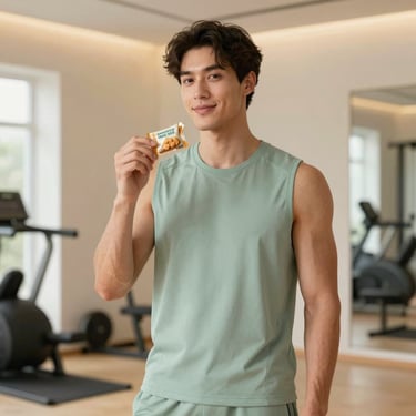 A woman in green activewear holding a protein snack bar in a home gym setting.